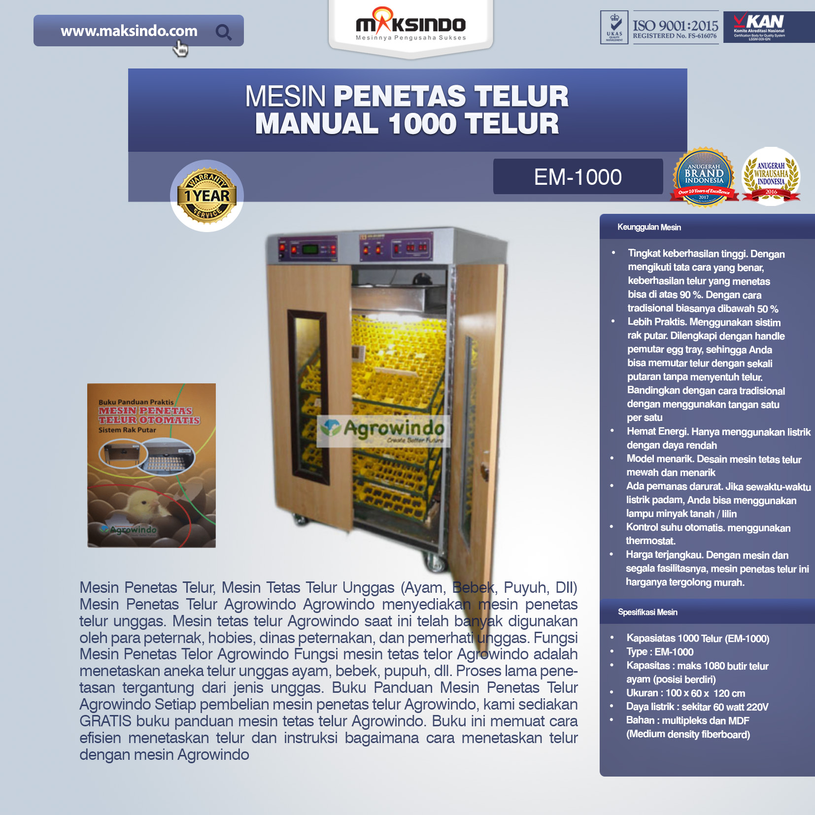 Jual Mesin Penetas Telur Manual 1000 Telur (EM-1000) di Bogor