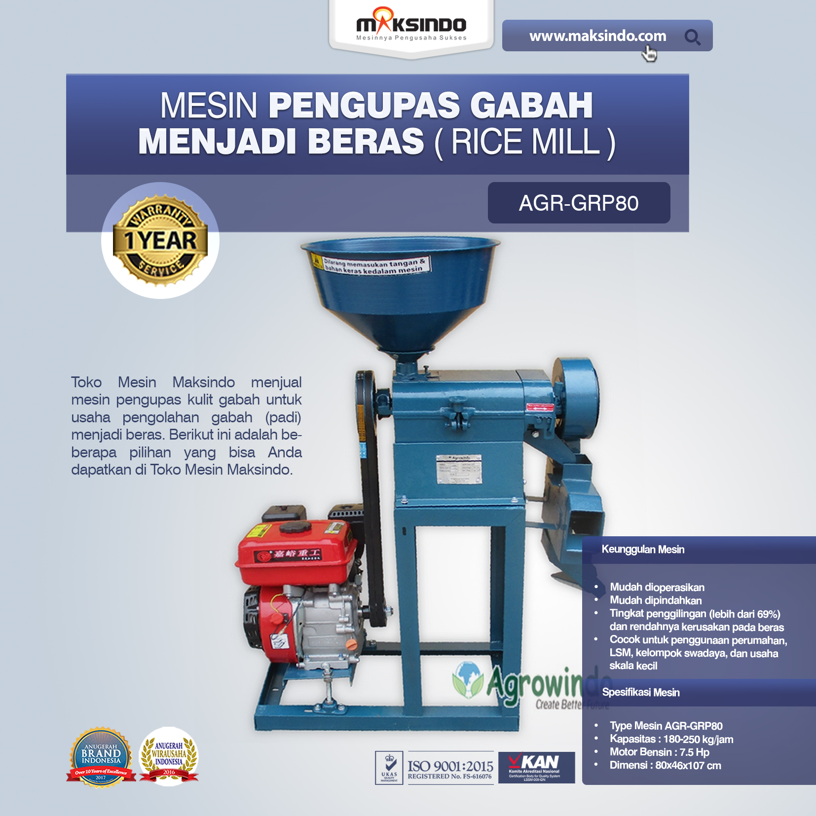 Jual Mesin Pengupas Gabah Menjadi Beras (Rice Mill) AGR-GRP80 di Bogor