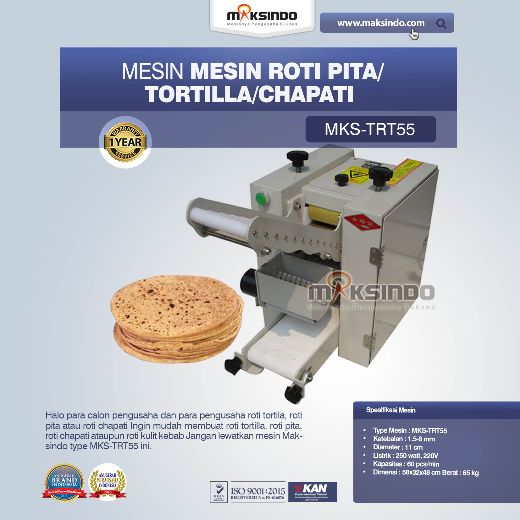 Jual Mesin Roti Pita/Tortilla/Chapati MKS-TRT55 Di Bogor
