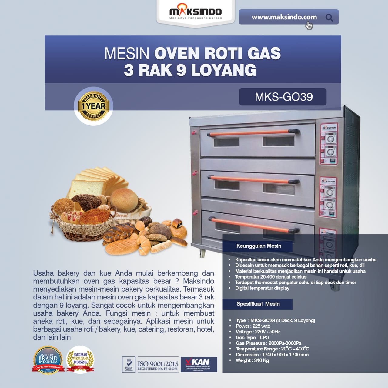 Jual Mesin Oven Roti Gas 3 Rak 9 Loyang (GO39) di Bogor
