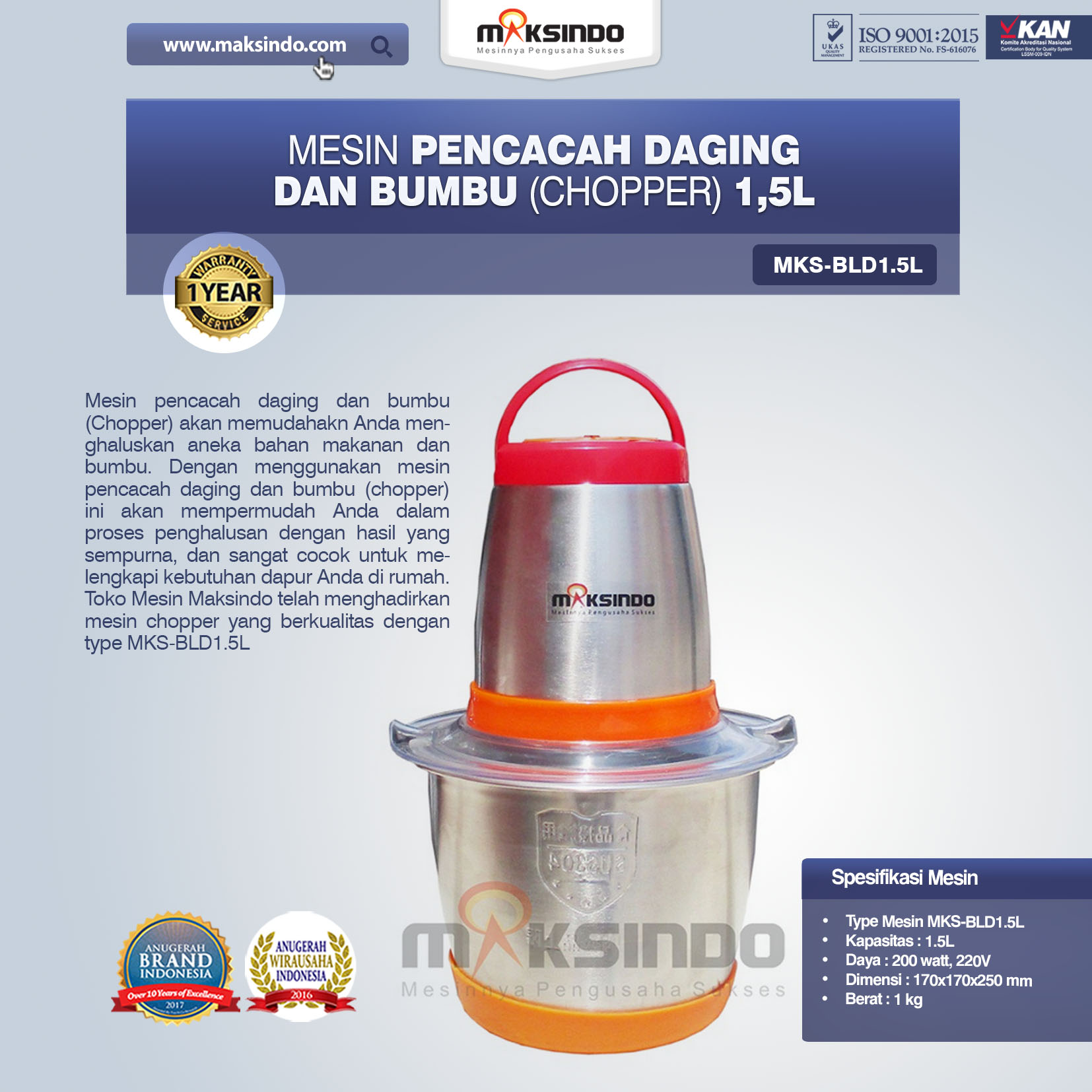Jual Mesin Pencacah Daging Dan Bumbu (Chopper) MKS-BLD1.5L di Bogor