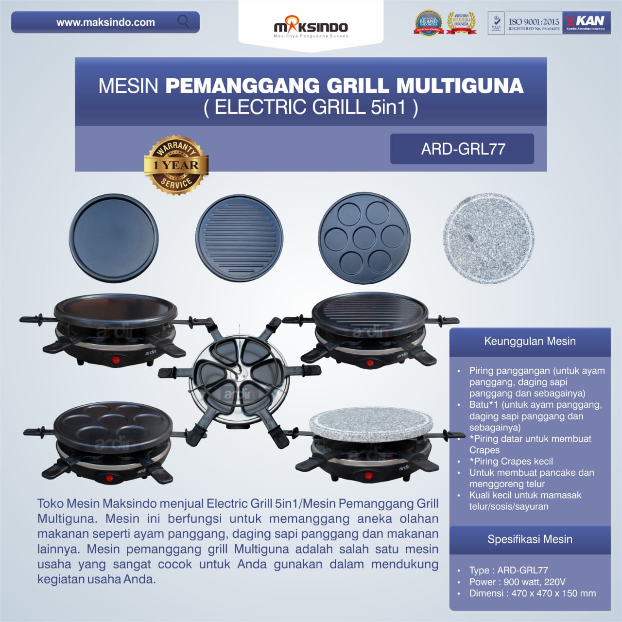 Jual Mesin Pemanggang Grill Multiguna (Electric Grill 5in1) ARD-GRL77 Di Bogor