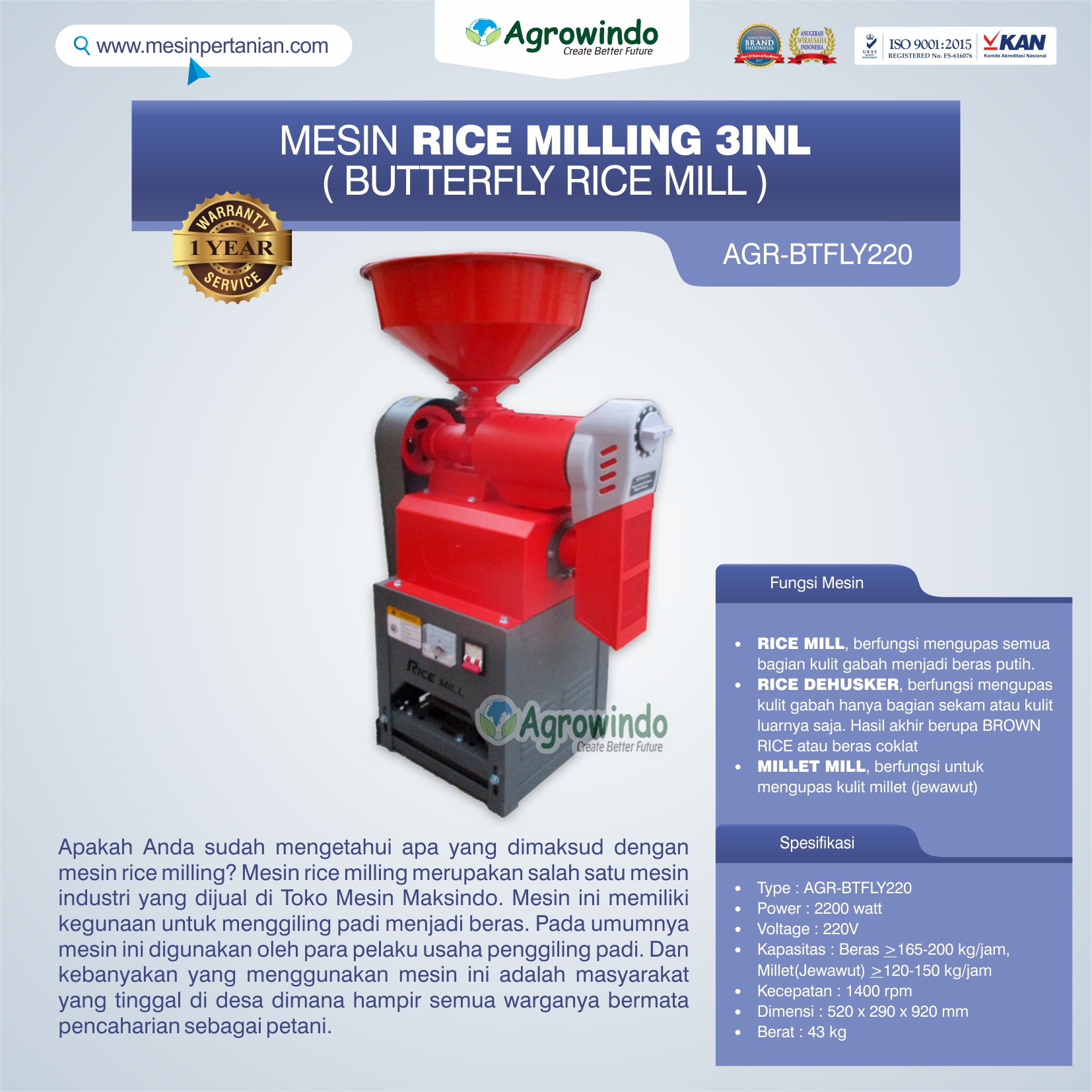 Jual Mesin Rice Milling 3in1 (Butterfly Rice Mill) AGR-BTFLY220 di Bogor