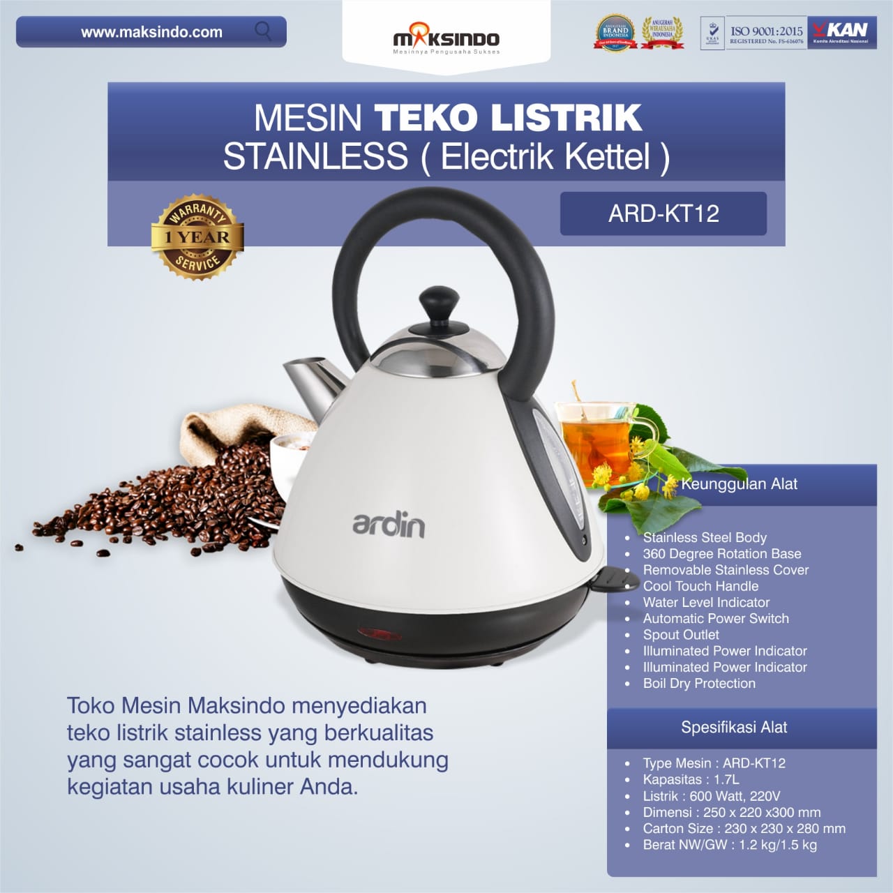 Jual Teko Listrik Stainless (Electrik Kettel) ARD-KT12 di Bogor