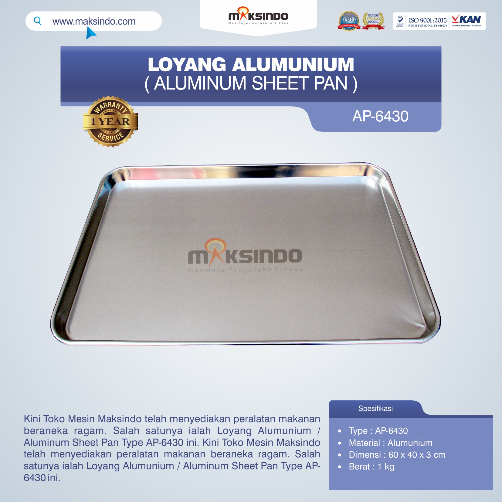 Jual Loyang Alumunium / Aluminum Sheet Pan Type AP-6430 di Bogor