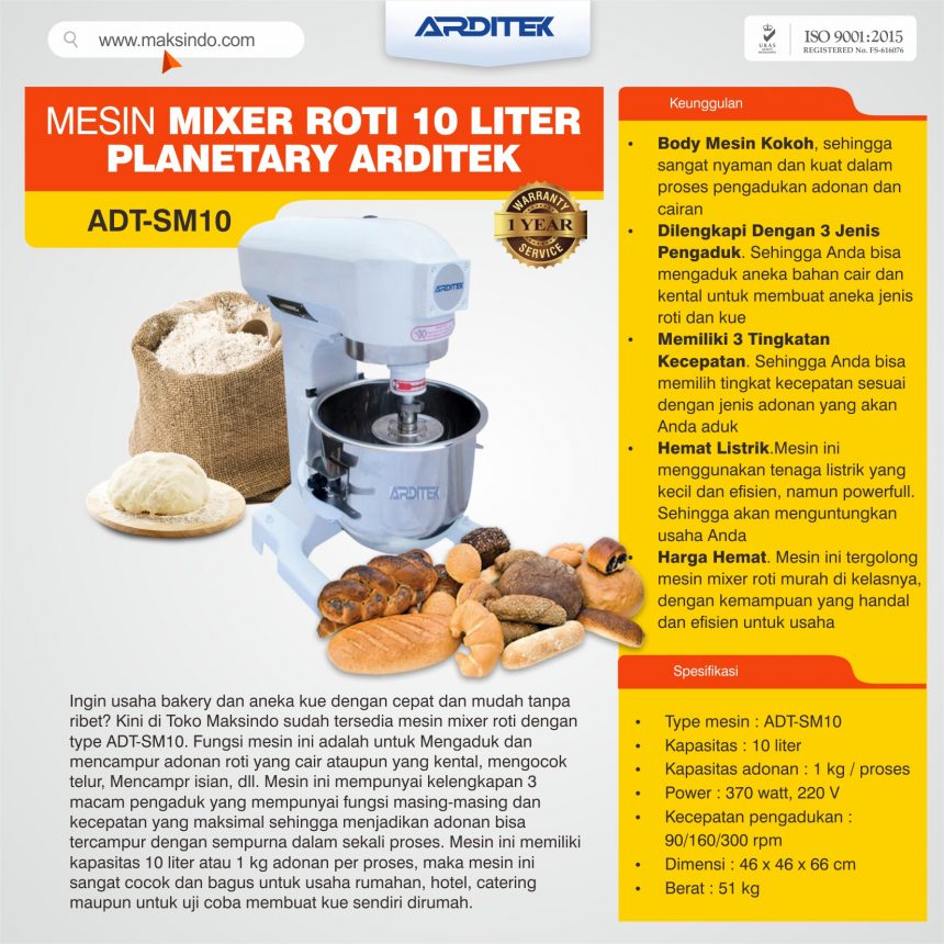 Jual Mesin Mixer Roti 10 Liter Planetary Arditek ADT-SM10 di Bogor