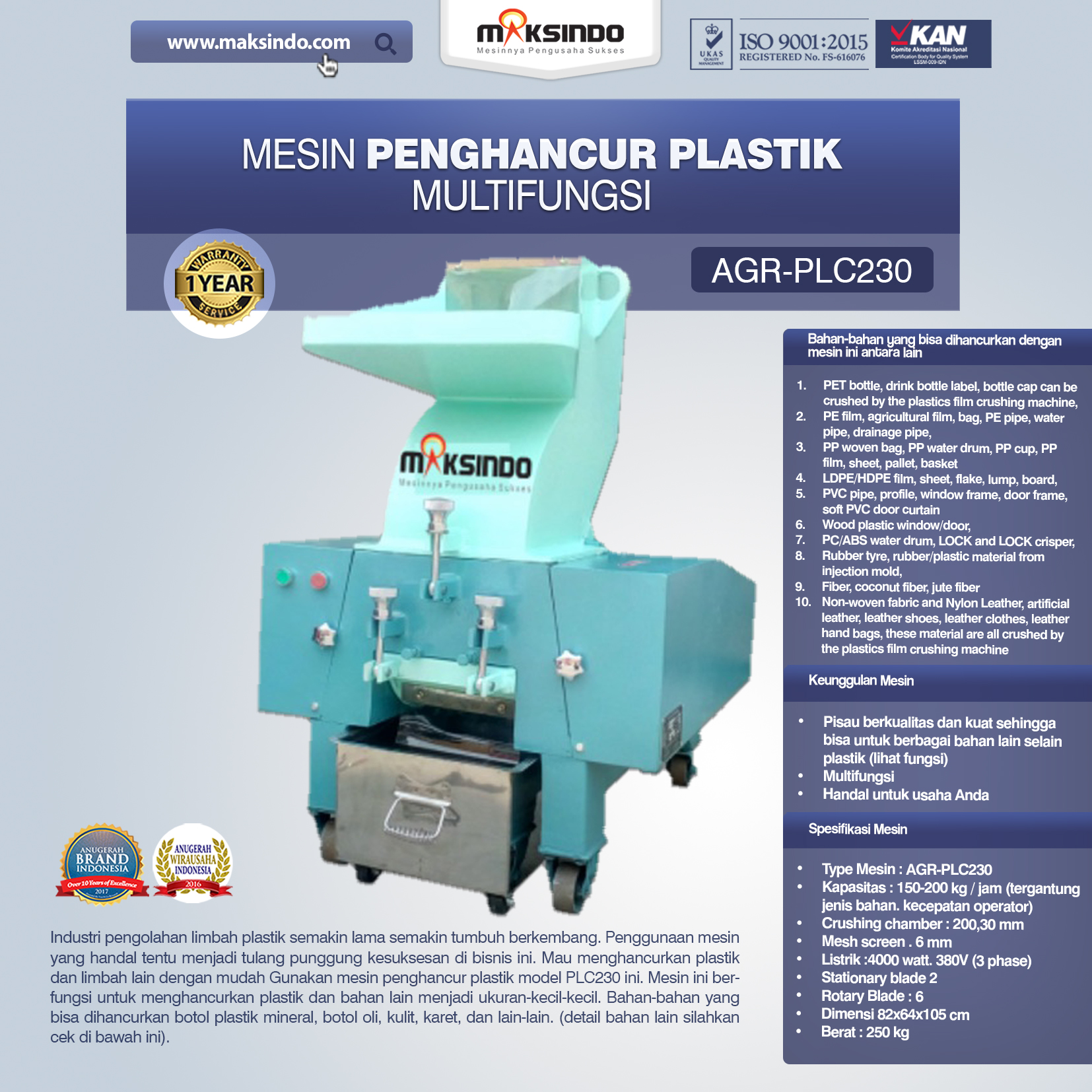 Jual Mesin Penghancur Plastik Multifungsi – PLC230 Di Bogor