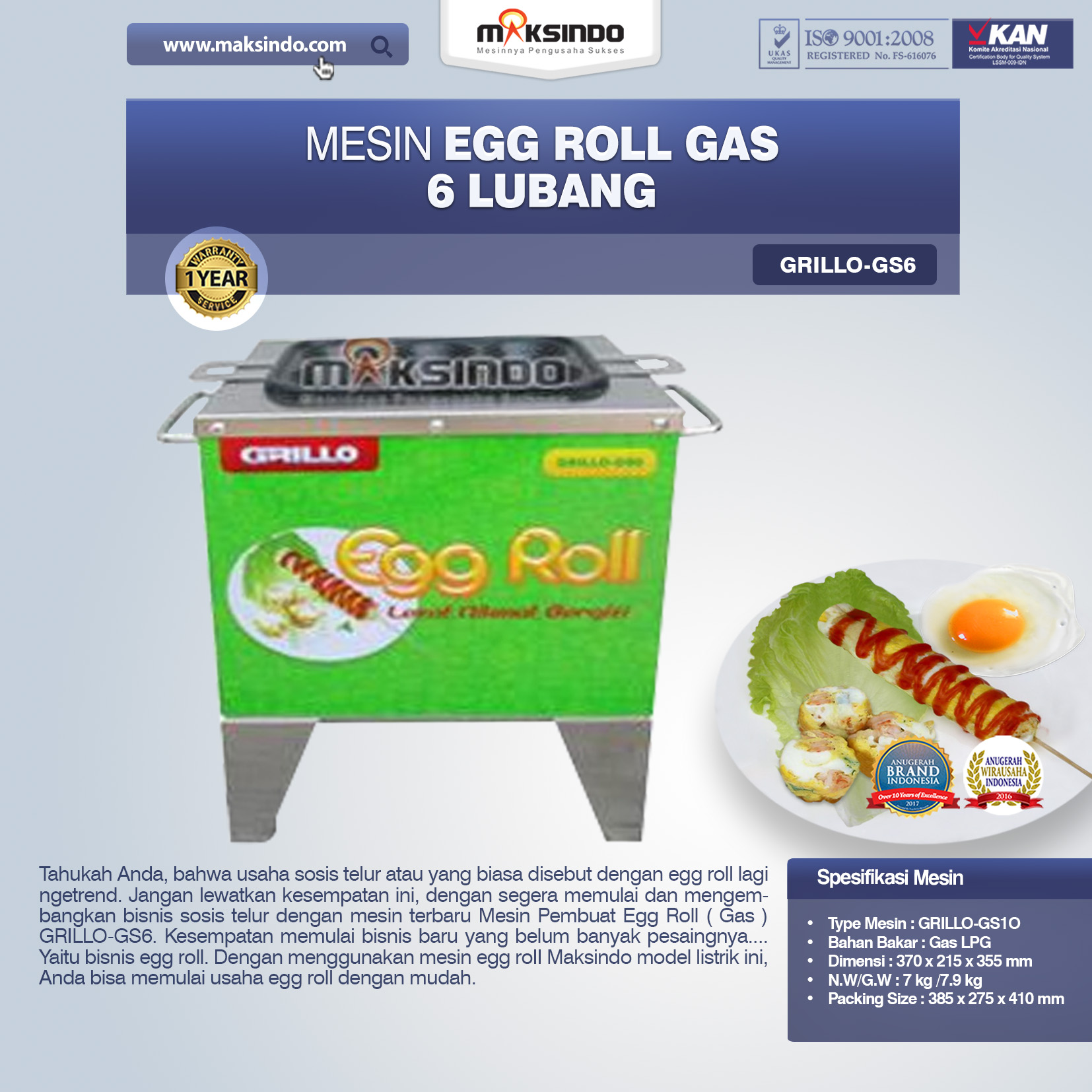 Jual Mesin Egg Roll Gas 6 Lubang GRILLO-GS6 di Bogor