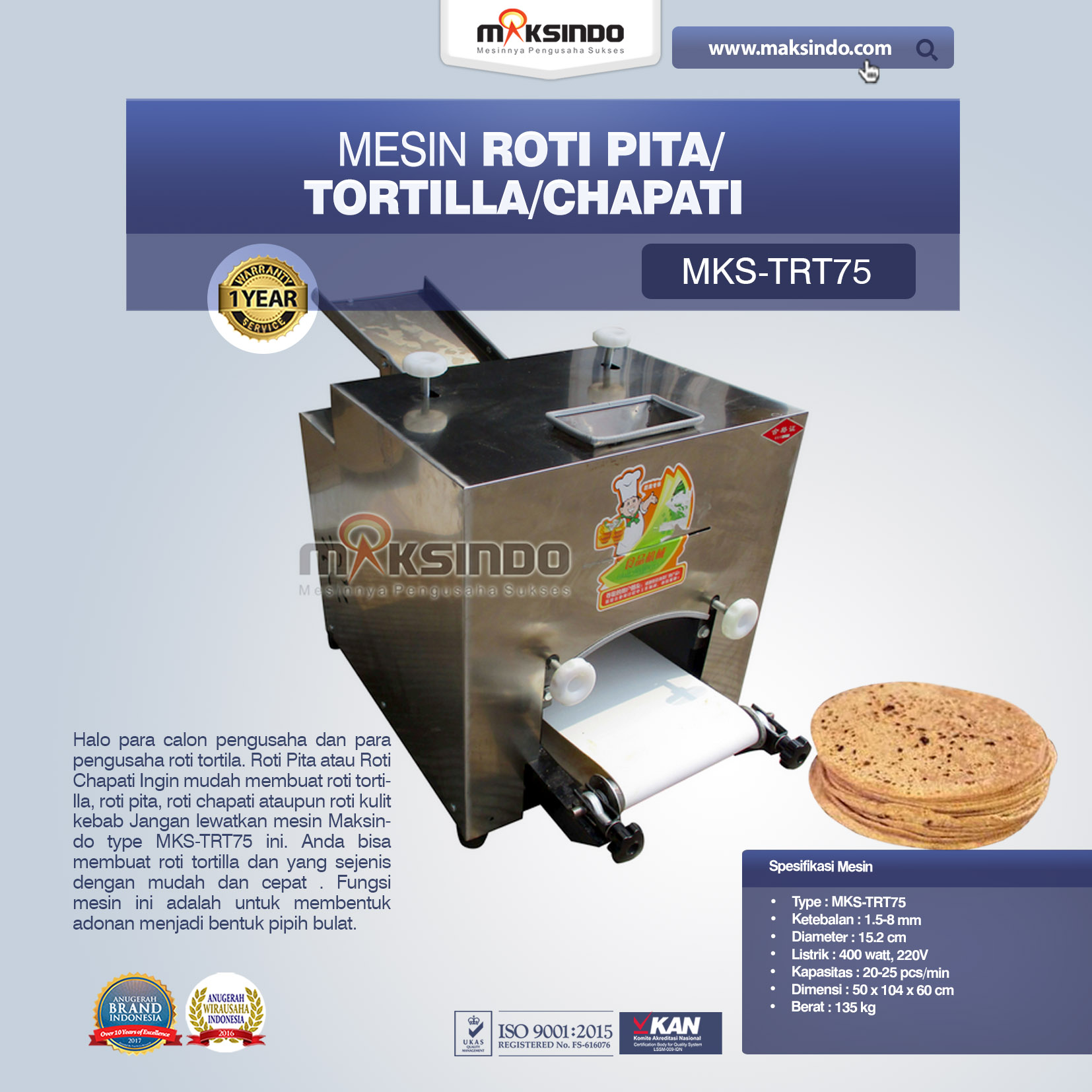 Jual Mesin Roti Pita/Tortilla/Chapati MKS-TRT75 Di Bogor
