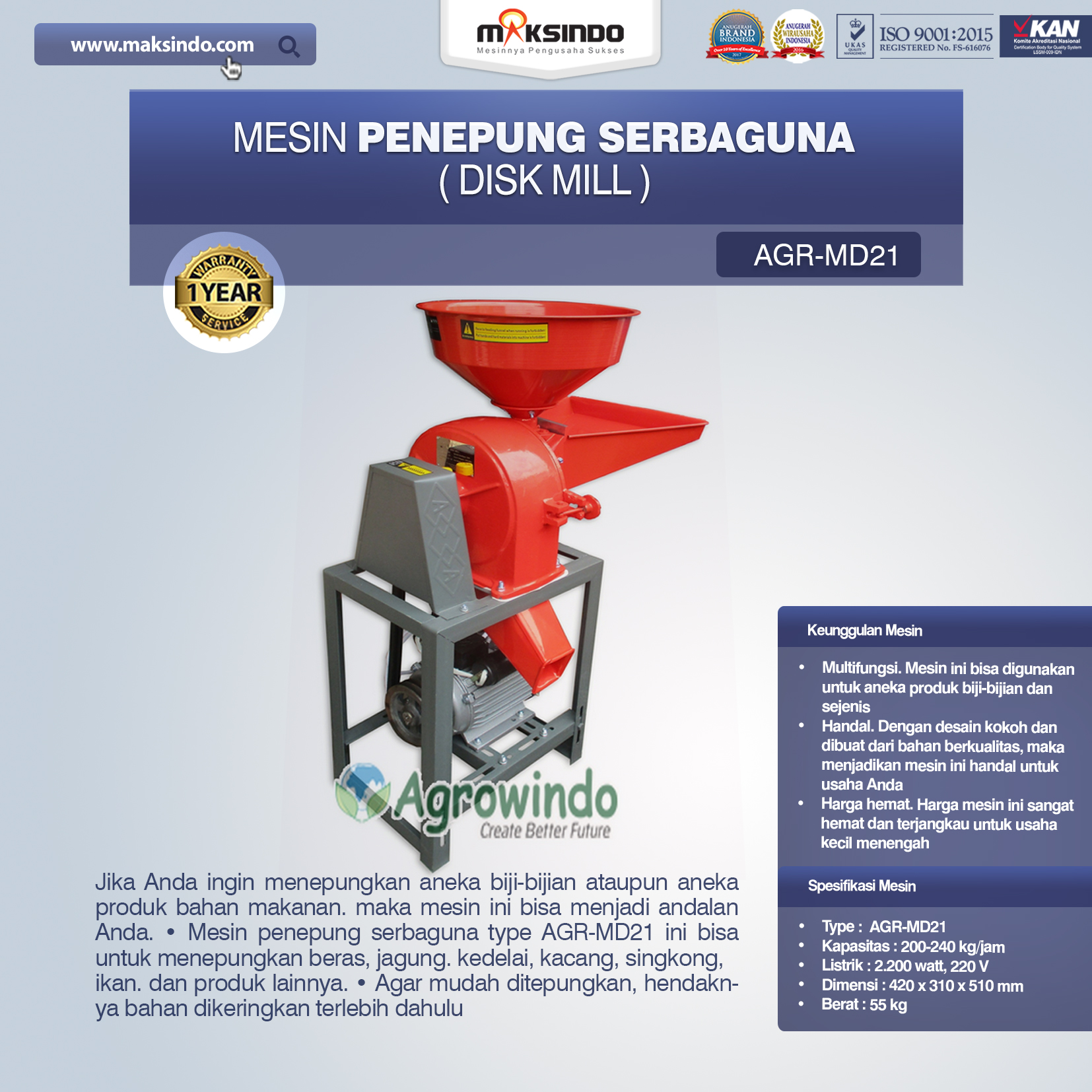 Jual Mesin Penepung Disk Mill Serbaguna (AGR-MD17 dan AGR-MD21) di Bogor