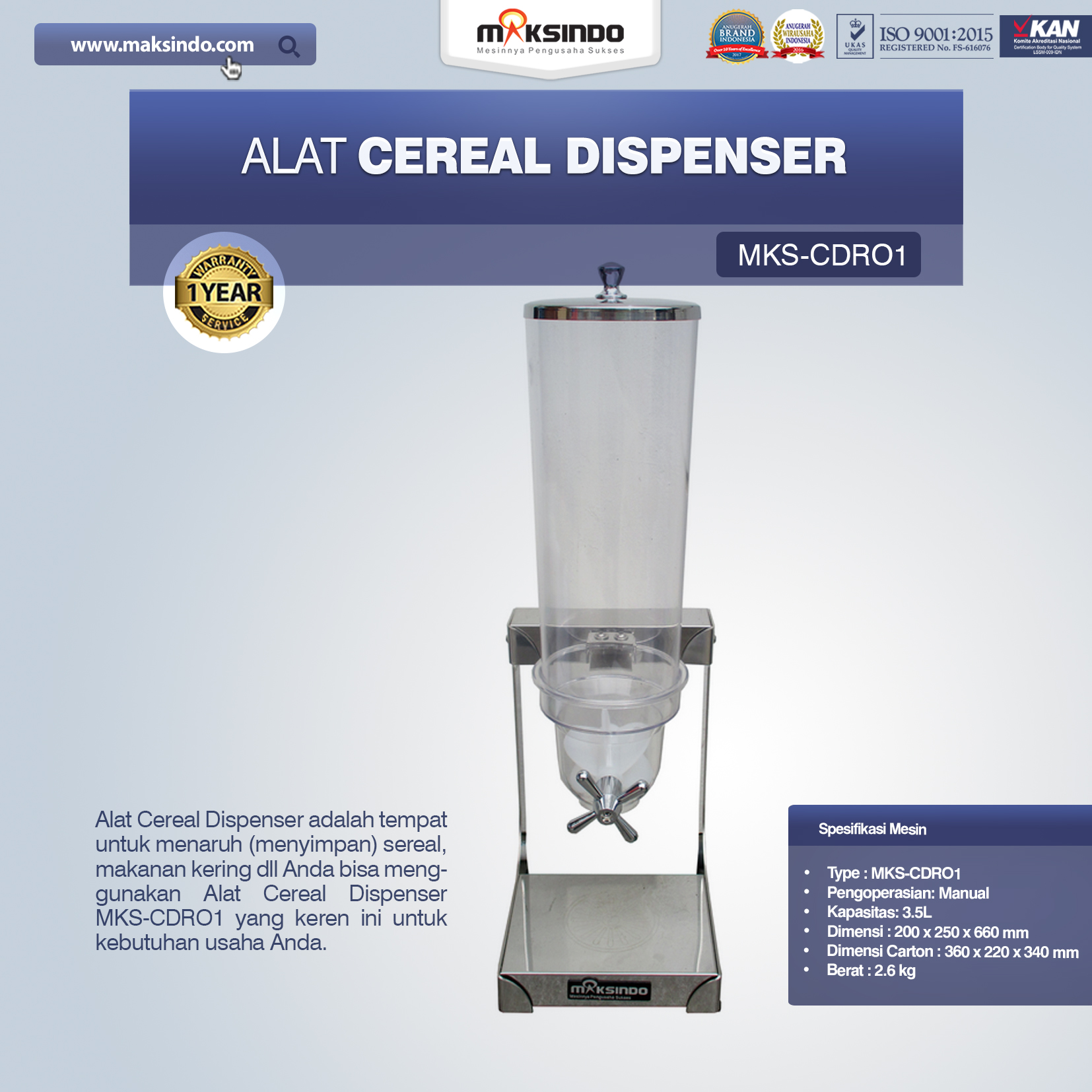 Jual Alat Cereal Dispenser MKS-CDR01 di Bogor