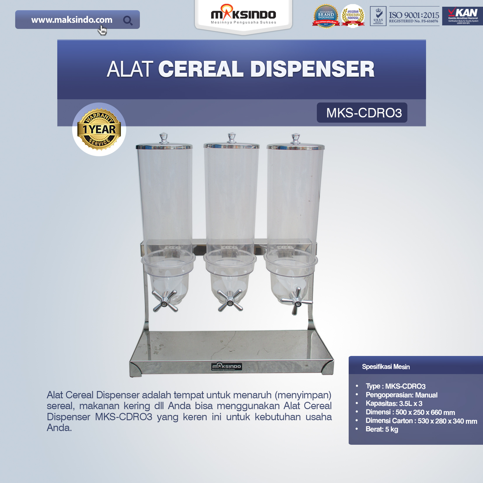 Jual Alat Cereal Dispenser MKS-CDR03 di Bogor