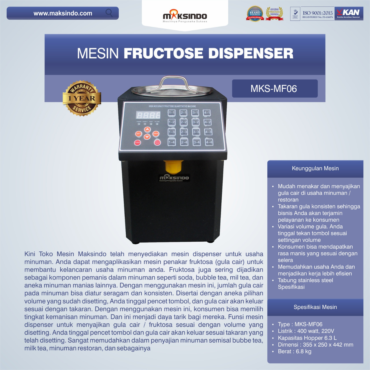 Jual Mesin Fructose Dispenser MKS-MF06 di Bogor
