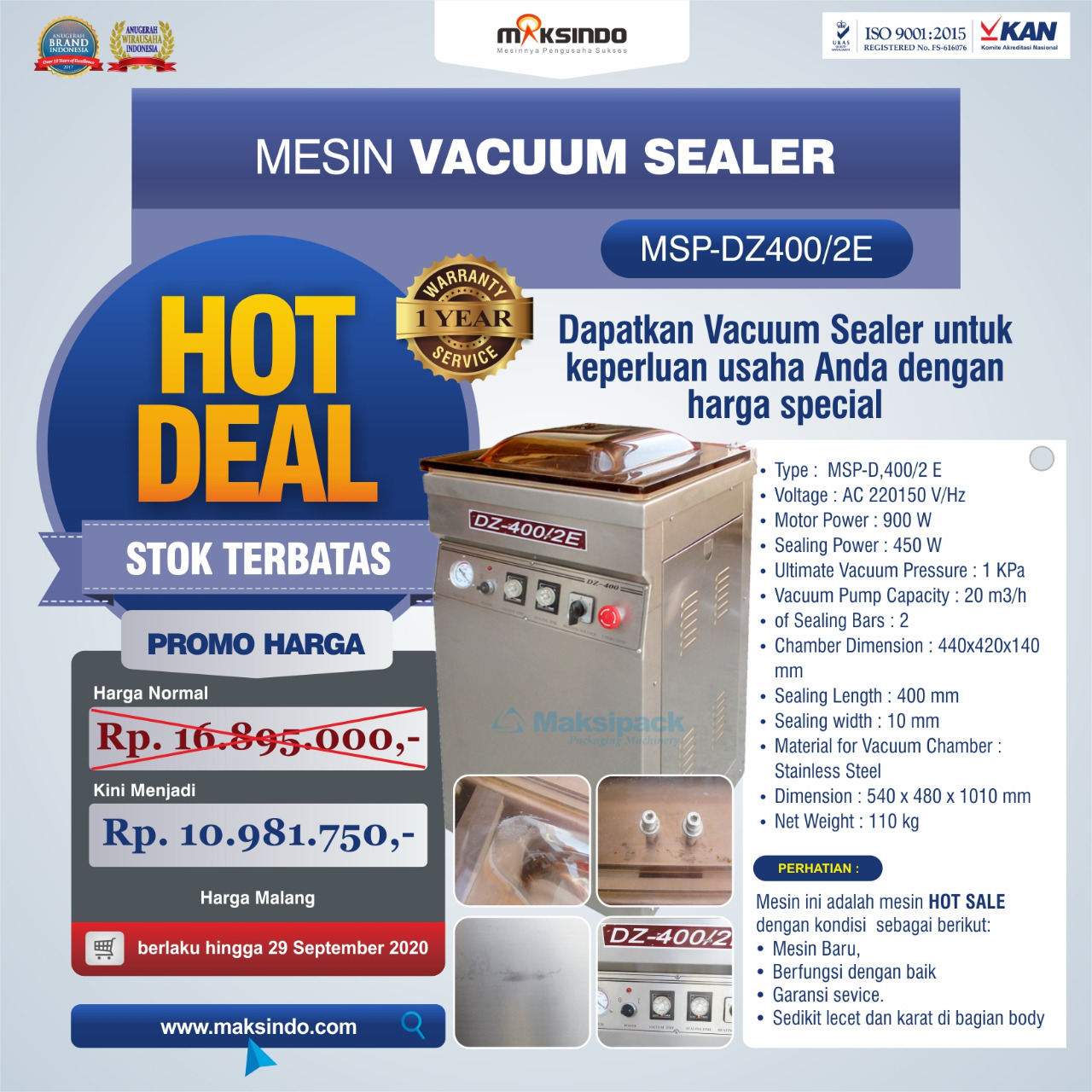 Jual Hot Deal Mesin Vacuum Sealer Type MSP-DZ400/2 E di Bogor